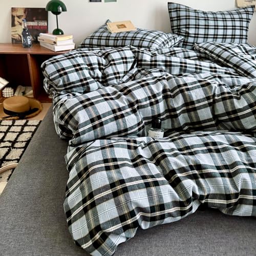 Image of MKXI Full Buffalo Plaid Duvet Cover - Washed Cotton Farmhouse Bedding Set, Lightweight Breathable Reversible Comforter Cover, Gray Black Yellow Checkered