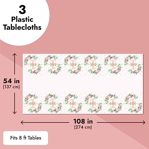 Image of BLUE PANDA 3 Pack Floral Plastic Tablecloth for Baby Girl's 1st Birthday Party Supplies (54 x 108 in)