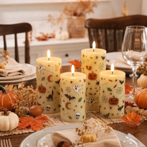 Image of Lezonic Ivory Flameless Candles with Remote, LED Battery Operated Flickering with Timer, 4 Pack Glossy Wax Drips Design Real Wax Pillar for Halloween Decor, Centerpiece, Birthday Gifts (4 /5 /6 /8 Inch)