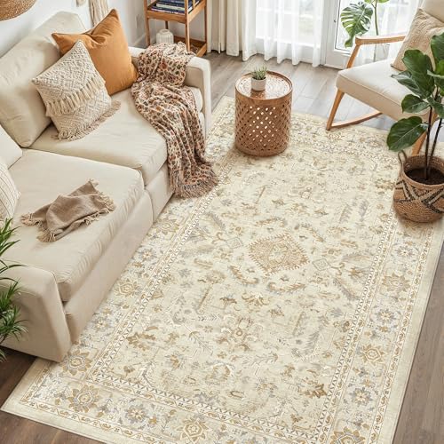 PureCozy 4x6 Beige Entryway Rug Vintage Area Carpet Indoor Office Washable Door Mat Entrance Small Low Pile Traditional Distressed Retro Accent Throw Boho Rug Non Slip Kitchen Bathroom 4' x