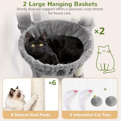 Image of Globlazer 75in Sturdy Cat Tree for Large Cats, Heavy Duty Multi-Level Cat Tower for Indoor Cats with Extended Platform, 2 Spacious Condos, 2 Padded Perches, 6 Sisal Scratching Posts, S75, Light Grey