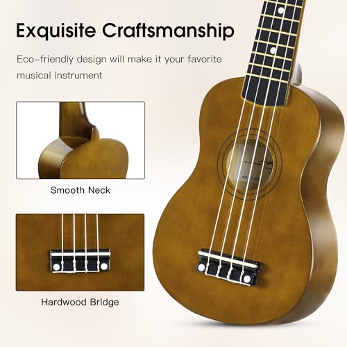 Image of ADM Ukulele for Beginners Hawaiian Wood Ukelele Kit for Kids Adult Student Starter Professional Ukalelee Pack Bundle with Free Lessons Gig Bag Strap Nylon String Tuner (Mocha, 21 Inch)