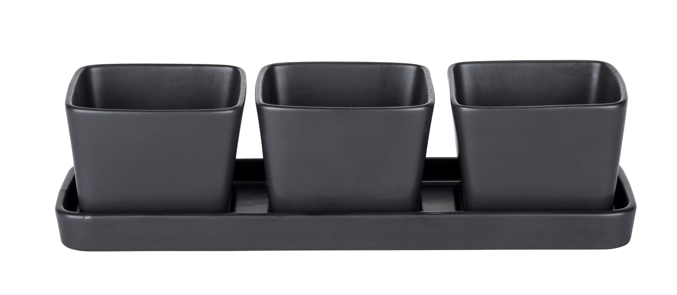 Wenko Ciotole per snack e salse, set 4 pezzi, piccolo vassoio con 3 ciotoline 300 ml in ceramica di qualità, accessorio Black Outdoor Kitchen per tapas, snack e fingerfood, 30x10x8 cm, nero, 55022100