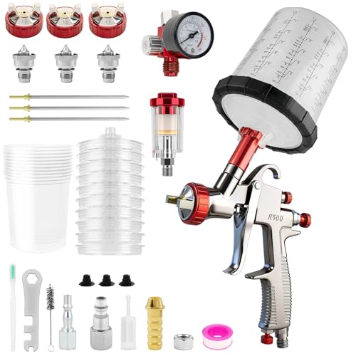 R500 LVLP Air Spray Gun with 10 PCS 650ML Disposable Paint Cups 1.3/1.5/1.7mm Nozzles & Air Regulator Automotive R500 Paint Gun Sprayer for Car Painting (1.3/1.5/1.7mm Nozzles)