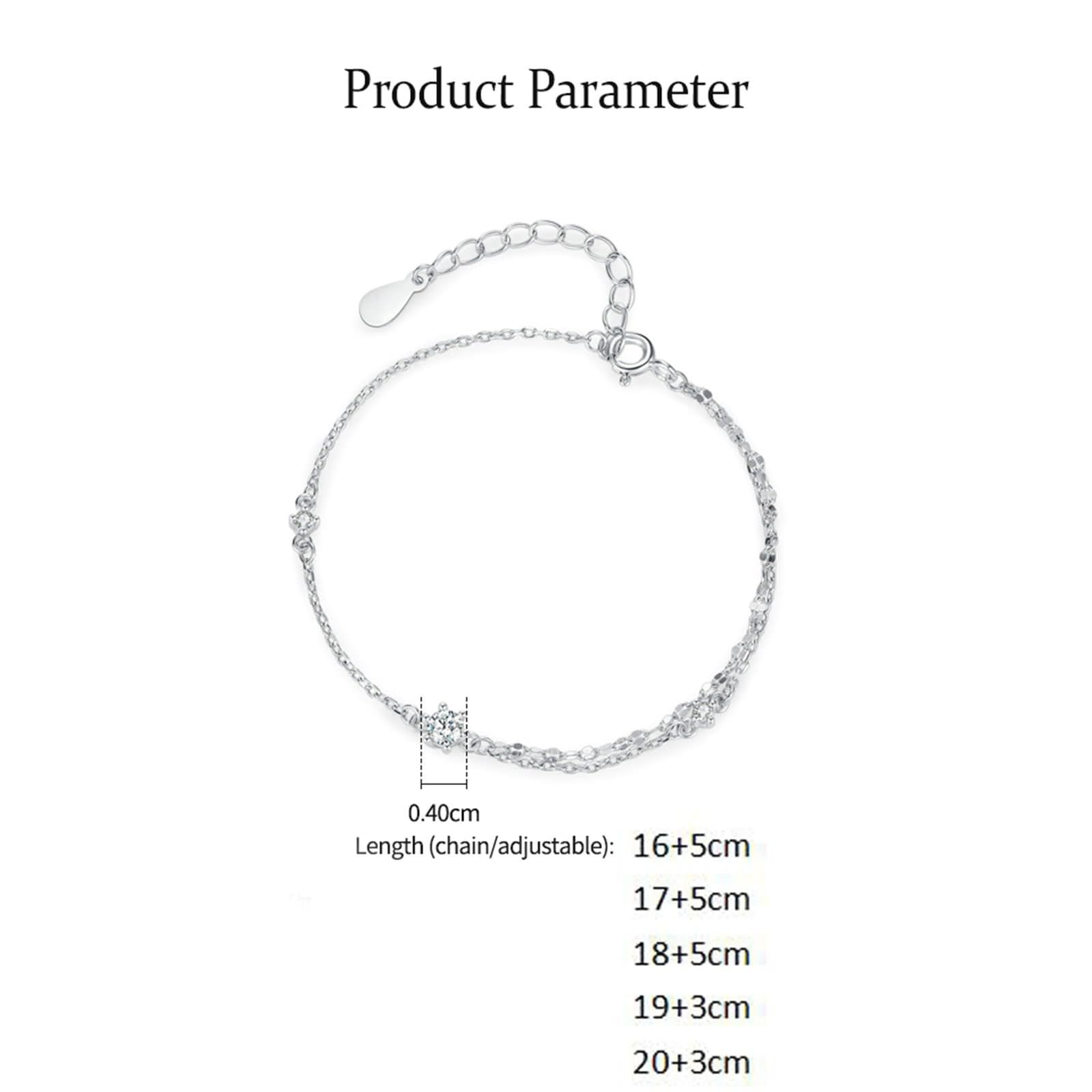 Pulsera de plata, joyería para mujer, pulsera de una sola cara, cadena de doble capa con moissanita, oro blanco de 9 quilates, 16 + 5 cm