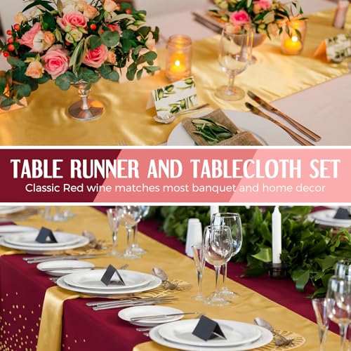 Image of Breling 16 Pack Burgundy and Gold Disposable Plastic Tablecloths and Satin Table Runner Set, 54 x 108 Inch Tablecloth, 12 x 108 Inch Table Runners for Wedding Graduation Birthday Baby Shower