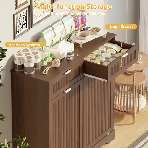 Image of Double 13 Gallon Tilt Out Trash Can Cabinet,Garbage Cabinet with Drawer | Hidden Garbage Storage with Fluted Design, Drawer & Hooks for Kitchen, Dining Room and Small Space Organization,Walnut