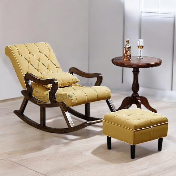 Image of CRAFTCITY Sheesham Wood Elegant Rocking Chair with Pillow and Matching Foot Stool /Living Room Chair /Rose Wood Rocking Chair /Single Seater Sofa with Footrest,Pre-Assembled (Yellow)