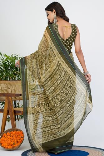Image of MIRCHI FASHION Women Saree Cotton Blend Leaf Printed | Traditional Festive and Occasional Sari with Unstitched Blouse