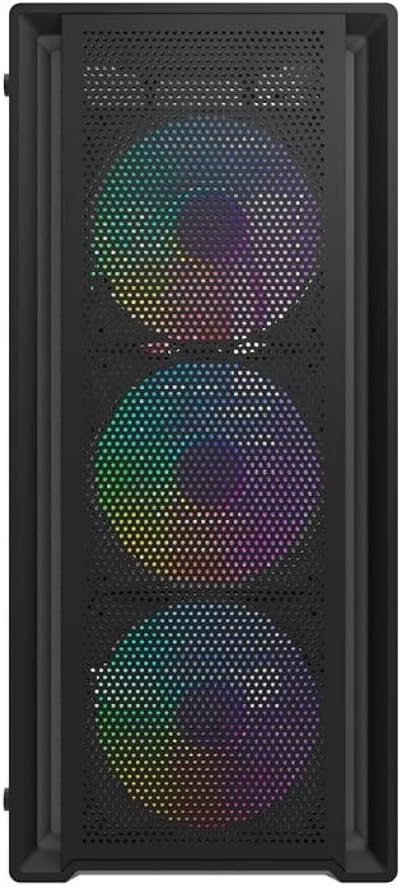 Front view of Aigo Darkflash DK353 PC case with three illuminated ARGB fans.