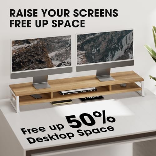 Image of Fenge Dual Monitor Stand for Desk, 42.5in Large Monitor Riser for 2 Monitors, 2 Tier Computer Office Desk Top Shelf, Desktop Storage Stand for Laptop, PC, Computer, Printer