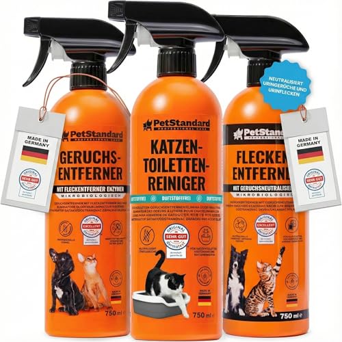 PetStandard Enzymreiniger Bundle 3×750 ml – Geruchsentferner & Fleckenentferner für Katzen- & Hundeurin, Katzentoilette, Fäkalien & Erbrochenes – Duftfrei, Extra Schaumkraft, Made in Germany