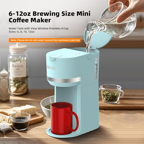 Image of Horavie Mini Single Serve Coffee Maker for K-Cup Pod and Ground Coffee, Fast Brew One Cup Coffee Machine with Descaling Reminder and Water Window, 6 to 12 oz. Brew Sizes, Light Blue