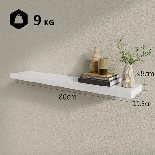 BAMEOS Schwebregale, 80cm Breite Weiße Wandmontierte Holzregale mit unsichtbaren Klammern - Set von 2, Wanddeko-Deko für Schlafzimmer, Bad, Wohnzimmer und Küche