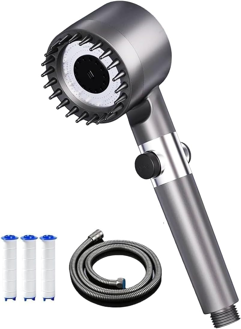 High Pressure Shower Heads, Hard Water Filter Shower Head with 1.5m Shower Hose and Shower Stand, 4 Mode Power Shower Head with Pause Switch, Shower Pro Head Showerhead with Water Filter, Gris