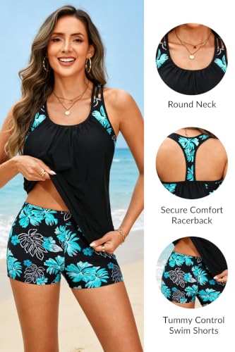 Image of Yonique Two Piece Tankini Bathing Suits T-Back Blouson Swim Tops with Boy Shorts Women Swimsuits Sporty Swimwear