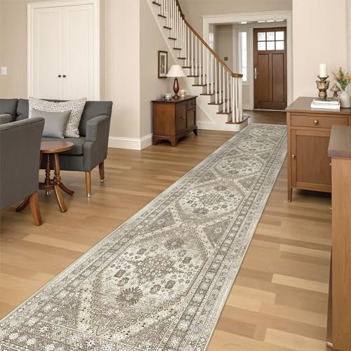 Restydon Washable Runner Rug 2.5x16, Non-Slip Long Kitchen Mats for Floor, Vintage Rug for Entryway, Soft Hallway Runner for Dining Room, Bedroom, Living Room(Brown,2.5'x16')