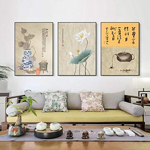 Tableau Lotus Encre Nordique 60x80cm triptyque moderne sans cadre pour décoration salon