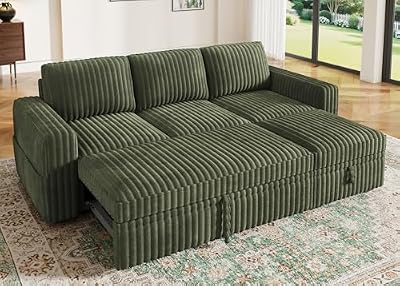HONBAY Modular Sectional Sofa with Pull Out Bed,Corduroy L Shaped Sleeper Sofa with Storage, Sectional Couches for Living Room,Green