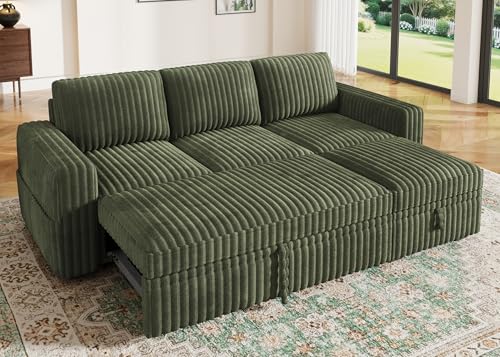 Image of HONBAY Modular Sectional Sofa with Pull Out Bed,Corduroy L Shaped Sleeper Sofa with Storage, Sectional Couches for Living Room,Green