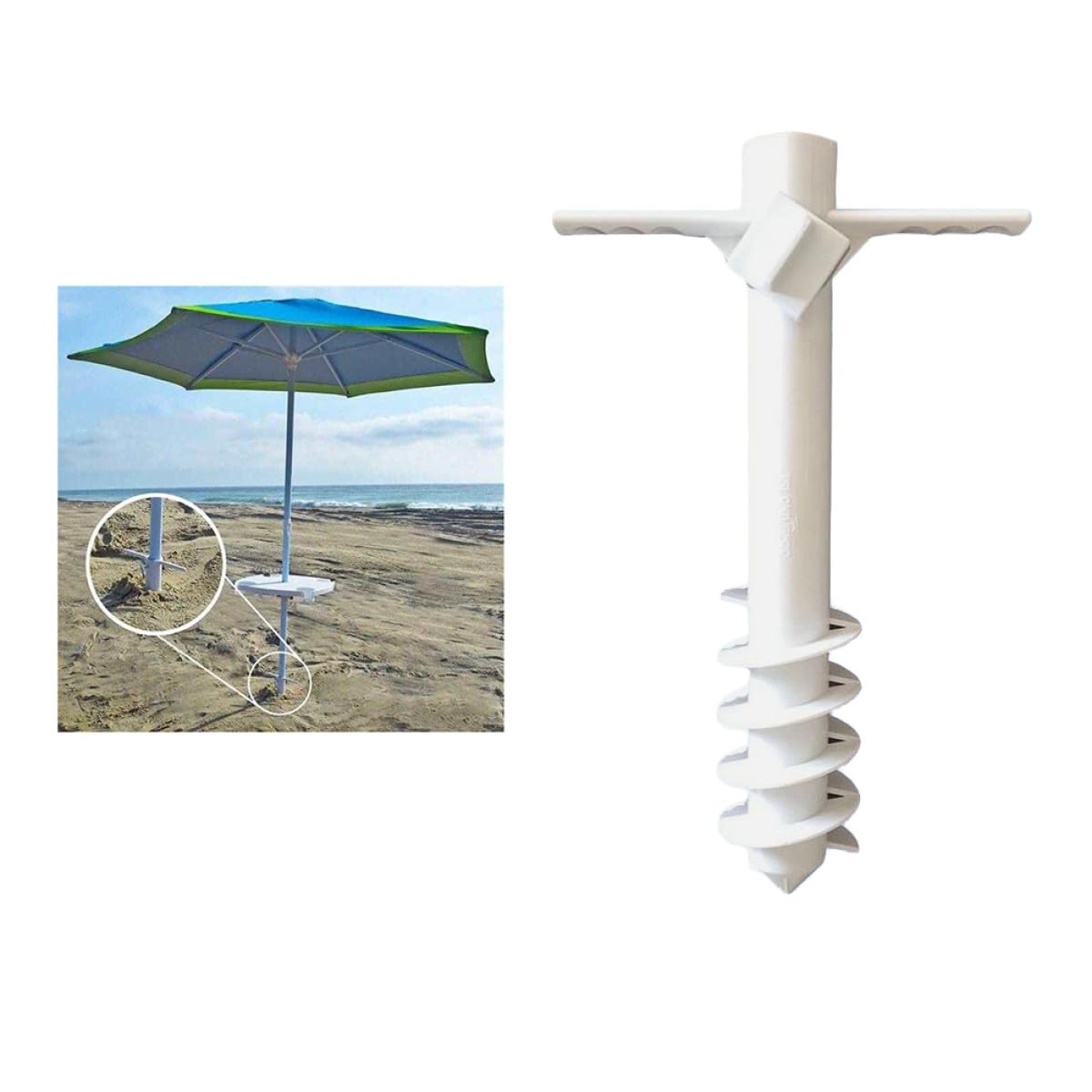 Biały parasol plażowy z 5 bolcami kotwica piaskowa do ogrodu, na patio i do użytku na zewnątrz – zabezpiecz swój parasol podstawą w wietrznych warunkach