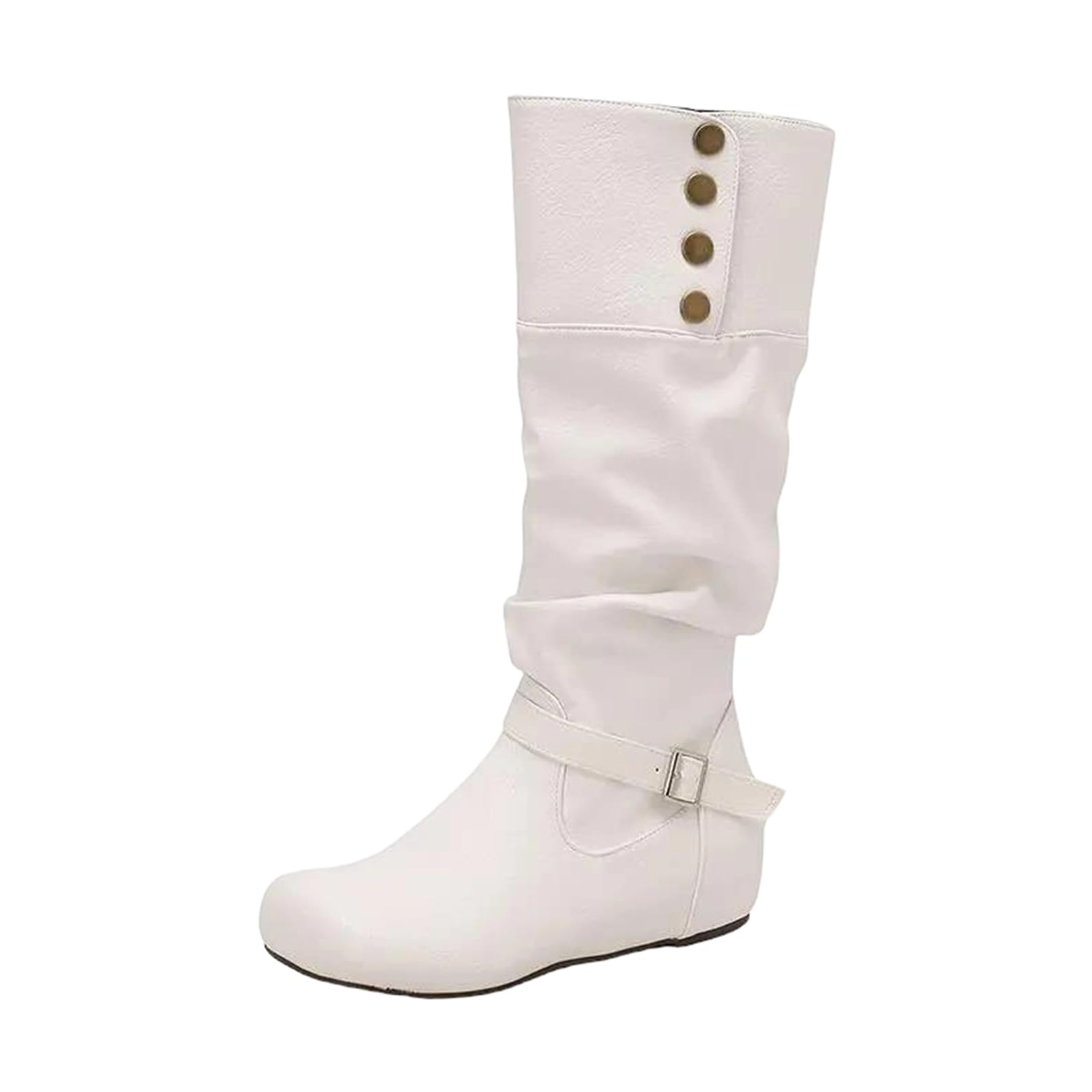 Womens Retro Mid-Calf Boots Round Toe Medium Wedge Heels With A Slip-On Design And Decorative Rivet Buckle Strap