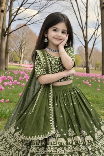 Image of Kids Chiffon Lehenga Choli, Embroidered Elephant and Floral Print, Festive Ethnic Wear with Dupatta