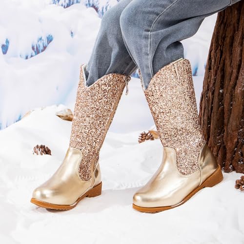 IWIHMIV Glitter Cowboy Boots for Girls Kids Western Mid Calf Boots with Zipper Soft Sole Warm Long Booties for Party4
