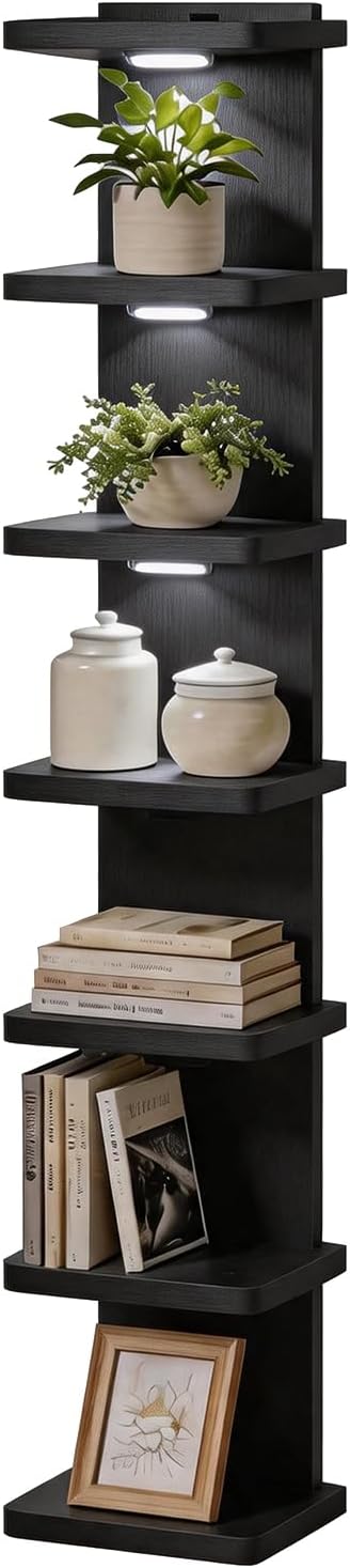 Versatile 7 Tier Wall Shelf Unit, Floating Shelves with 3 Remote LED Lights, Lack Wall Shelf for Home, Bedroom, Living Room and Vanity Decor (Black)