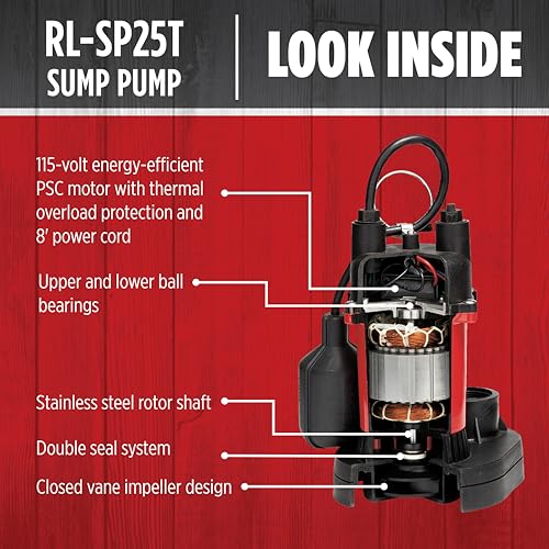 Red Lion RL-SP25T 115-Volt, 1/4 HP, 3088 GPH Aluminum and Thermoplastic Sump Pump with Tethered Switch and 8-Ft. Cord, Red, 14942739 by Red Lion - Image 4