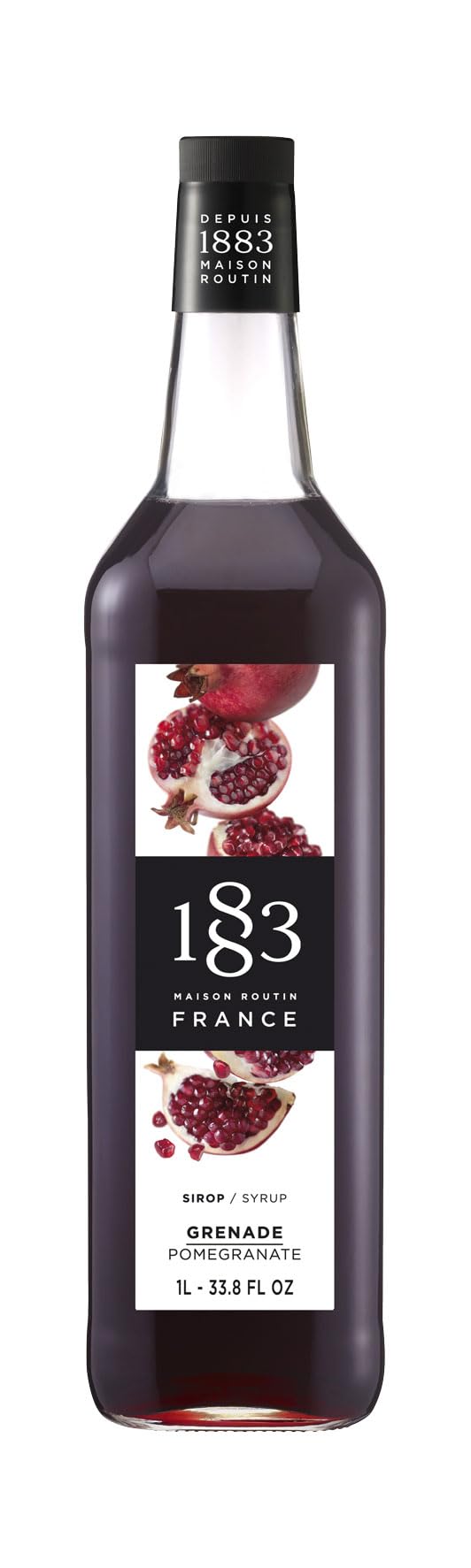 1883 Maison Routin Premium Pomegranate Syrup Made with Pure Cane Sugar for Cocktails, Lemonades & Mocktails - Fruity Drink Syrup, No Preservatives - 1L Glass Bottle