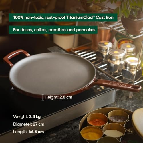 Image of Ember Cookware TitaniumClad Enamel Cast Iron Tawa for Dosa 27 cm | 10-Year Warranty | Rust-Proof Cast Iron Tawa for Roti & Dosa | Non Stick Dosa Tawa | Heavy Duty Induction Cookware | Wine