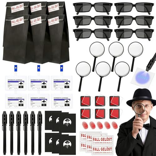 SelfTek Set de Detectives, 48 Piezas Regalo de Cumpleaños con Gafas de Agente, Bolígrafo Secreto, Cuaderno, Lupa, Tarjeta de Detective, Ideal para Regalos Temáticos
