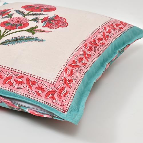 Image of BLOCKS OF INDIA Hand Block Printed Cotton Linen Cushion Cover (16 X 16 Inches) (Green Pink Motifs), 250 TC