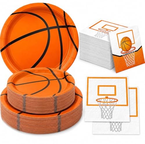QIYANPAX 150 PCS Basketball Plates and Napkins Supplies - Dinner & Dessert Plates Napkins for Basketball Birthday Party Decorations Serves 50