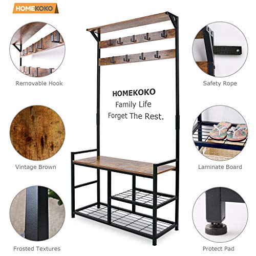 Homekoko Coat Rack Shoe Bench, Hall Tree Entryway Storage Bench, Wood Look Accent Furniture With Metal Frame, 3-In-1 Design (Rustic Brown) #TOP3