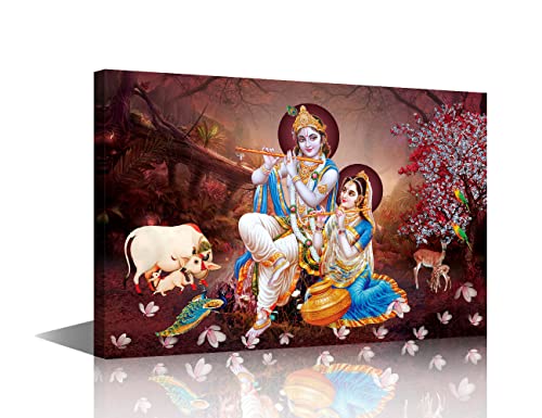 TISHIRON Framed Wall Art Radha Krishna Prints for Wall Decor Modern Artwork for Walls India Hindu God Canvas Painting Wall Art Wood Wall Decor Canvas Art Wall Decor for Bedroom, 12" Wx18 H