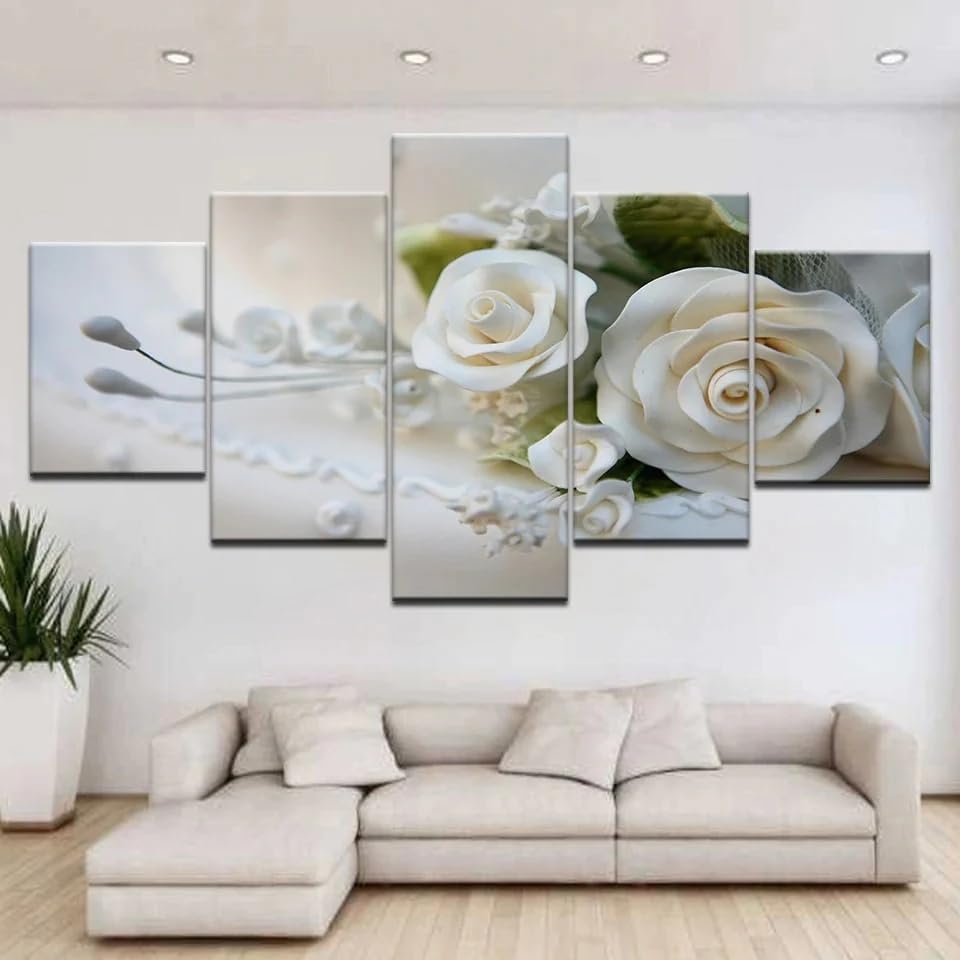 Tableau decoration murale 5 parties fleurs de rose blanche poster mural 200x100