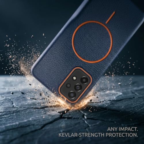 Image of amazon basics Luxury MagSafe Compatible Leather Texture Back Cover for Samsung Galaxy A73 5G | Raised Camera Protection | Slim Fit Shockproof Case with Metallic Accents (Dark Blue)