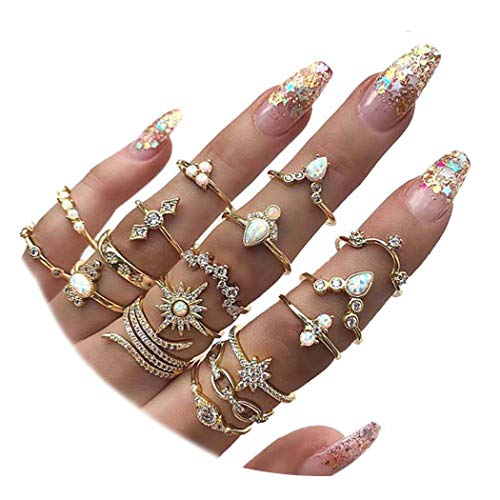 Conifor Boho Stackable Rings Women Crystal Kunckle Ring Stacking Rhinestone Joint Mid Finger Rings Set for Women and Girls (A-Gold(17Pcs))