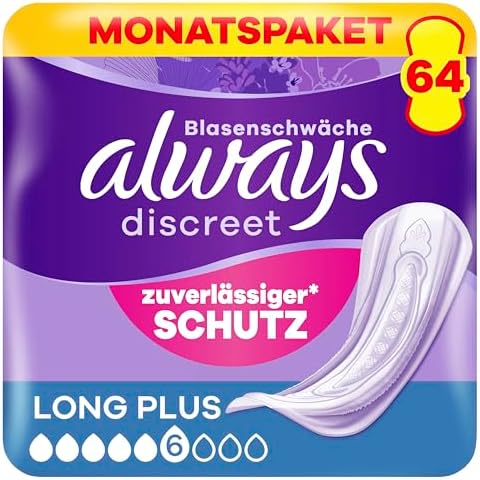 Always Discreet Inkontinenz-Einlagen Long Plus Monatspaket bei Blasenschwäche, 64 Einlagen (8 Packungen x 8 Stück)