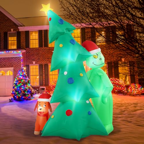 QwayHome Christmas Green Big Monster Inflatable Decorations, 6.5FT Light Up Christmas Inflatable Outdoor Decorate Build-in 6 LED, Christma Funny Green Big Monster, Dog and Xmas Tree Blow up Decor