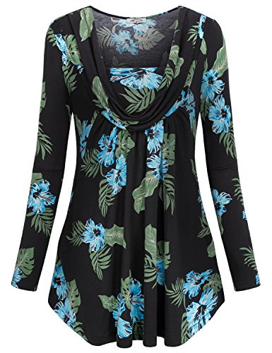Tunic Sweatshirt Women, SeSe Code Cowl Neck Floral Long Sleeve Sweater Lightweight Pullover Cute Tops Bohemian Flower Pattern Pleat Cozy Casual Business Clothing Plus Size T Shirt Blouses Black Xxl