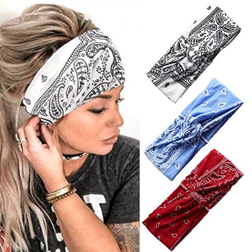 Fashband Women Headbands 3 PCs Boho Criss Cross Head Wrap Hair Band Elastic Turban Hair Band Yoga Running Sports Workout Headwraps for Girls (Printing A)