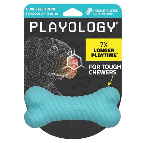 Playology Dual Layer Bone | Engaging All Natural Peanut Butter Scented Dog Toy, Blue Bone for Medium Dogs up to 50lbs | Interactive & Durable for Tough Chewers