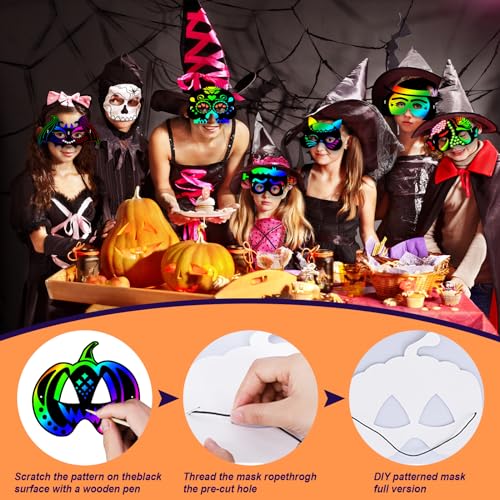 Natonhi 32Pcs Halloween Crafts for Kids, Rainbow Scratch Art Mask Kit - image 5