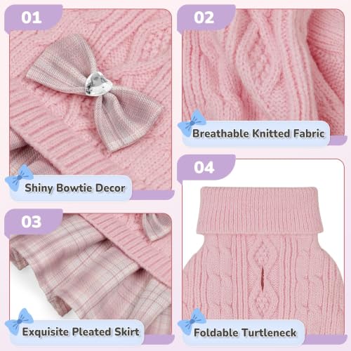 Image of YUDODO Small Dog Sweater Dress with Bowtie Turtleneck Knitted Pet Clothes