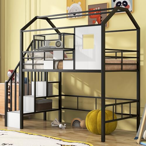 Harper & Bright Designs House Loft Bed with Stairs, Metal Twin Loft Bed Frame with Roof and a Storage Box, Modern Style Heavy-Duty Steel Frame Loft Bed with Safety Rail, for Kids Teens (Twin, Black)
