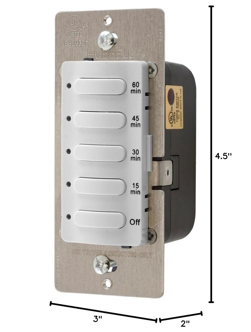 Hubbell Wiring Systems DT5060W Timer Switches, Single Pole, 8.3 Amp, 120 VAC/277 VAC, 60 Minutes Delay Time Out, White