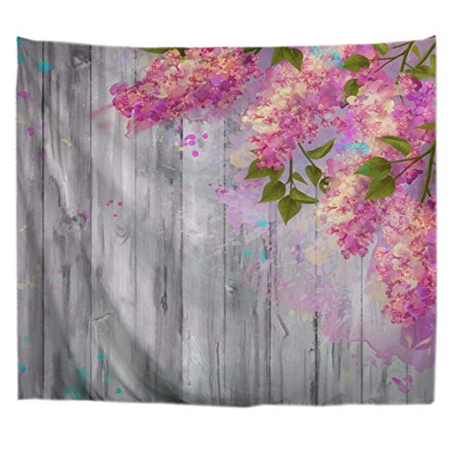 A.Monamour Tapisseries Aquarelle Dessin Peinture Branches De Fleurs Lilas sur des Planches De Bois Blancs Marbré Arrière-Plans Art Tissu Tapisserie Murale...